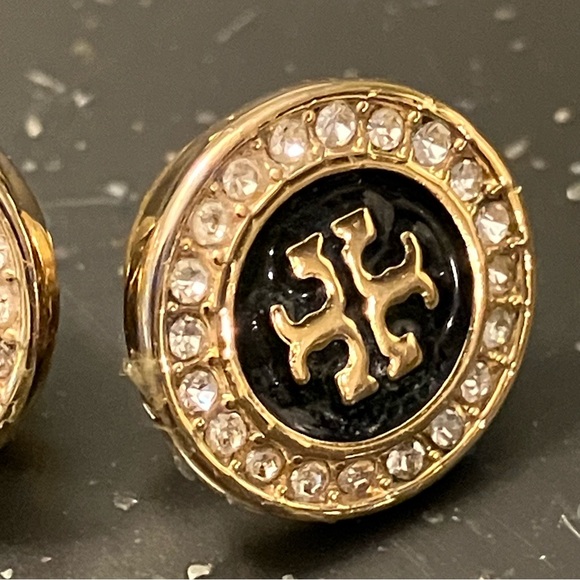 Tory Burch- Gold Logo on Black Background with Pave Stone Surround Stud Earrings - Picture 3 of 5